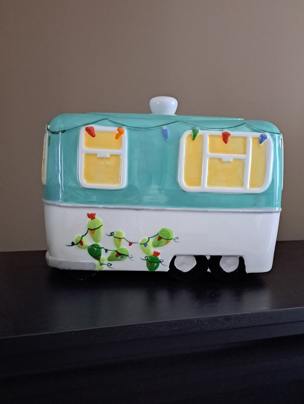 Ceramic Teal and White Camper Cookie Jar with Colorful Lights By Tag